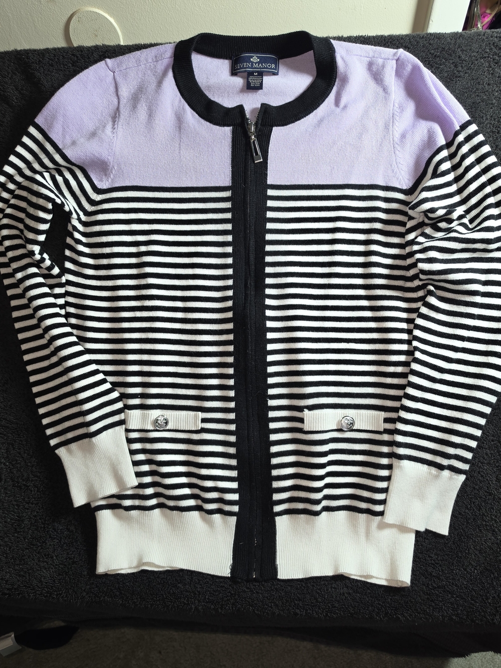 Lavender and Black Striped Zip-Front Women's Sweater